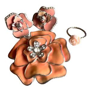 Vintage Pink Enamel Jewelry 3D Barbiecore Earrings Ring Brooch Rosette Pretty